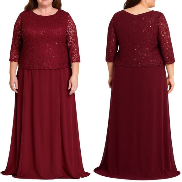 May Queen Burgundy Lace Sequin Chiffon Formal Gown Evening Wear, sz 3XL / 22-24 - Picture 1 of 8